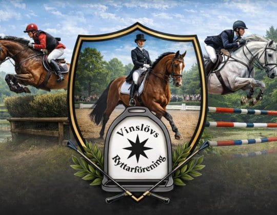 Ryttare hoppar hinder med hästar i montage med föreningens emblem för Vinslövs ryttarförening