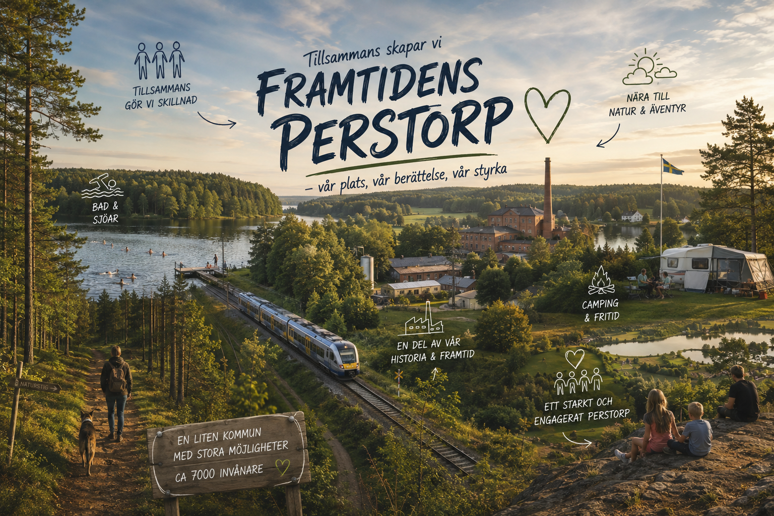 AI-genererad illustration av Perstorps natur, industri, friluftsliv och gemenskap.