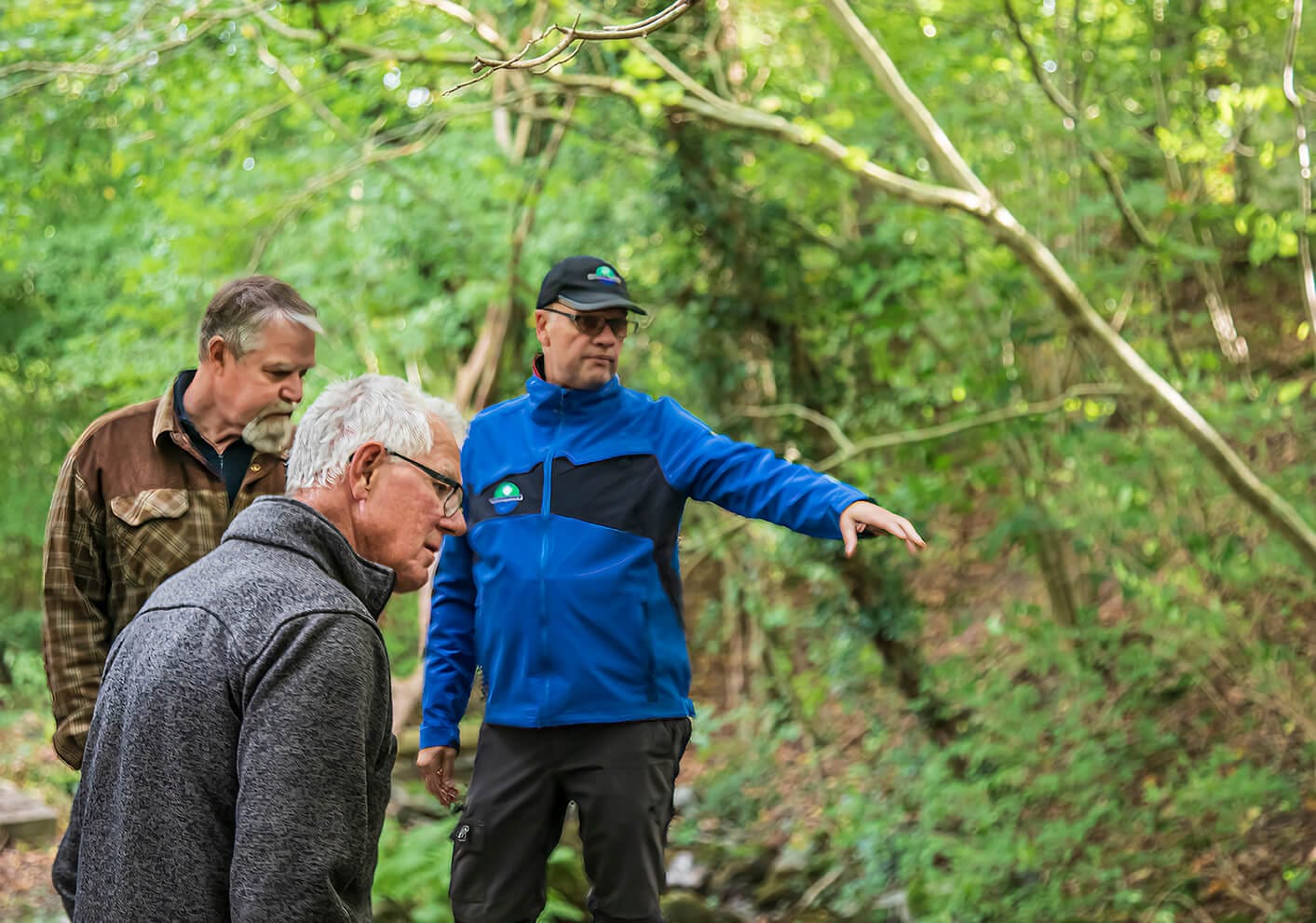Tre personer står i skogsmiljö medan en man pekar ut något i terrängen, omgivna av grönska och träd