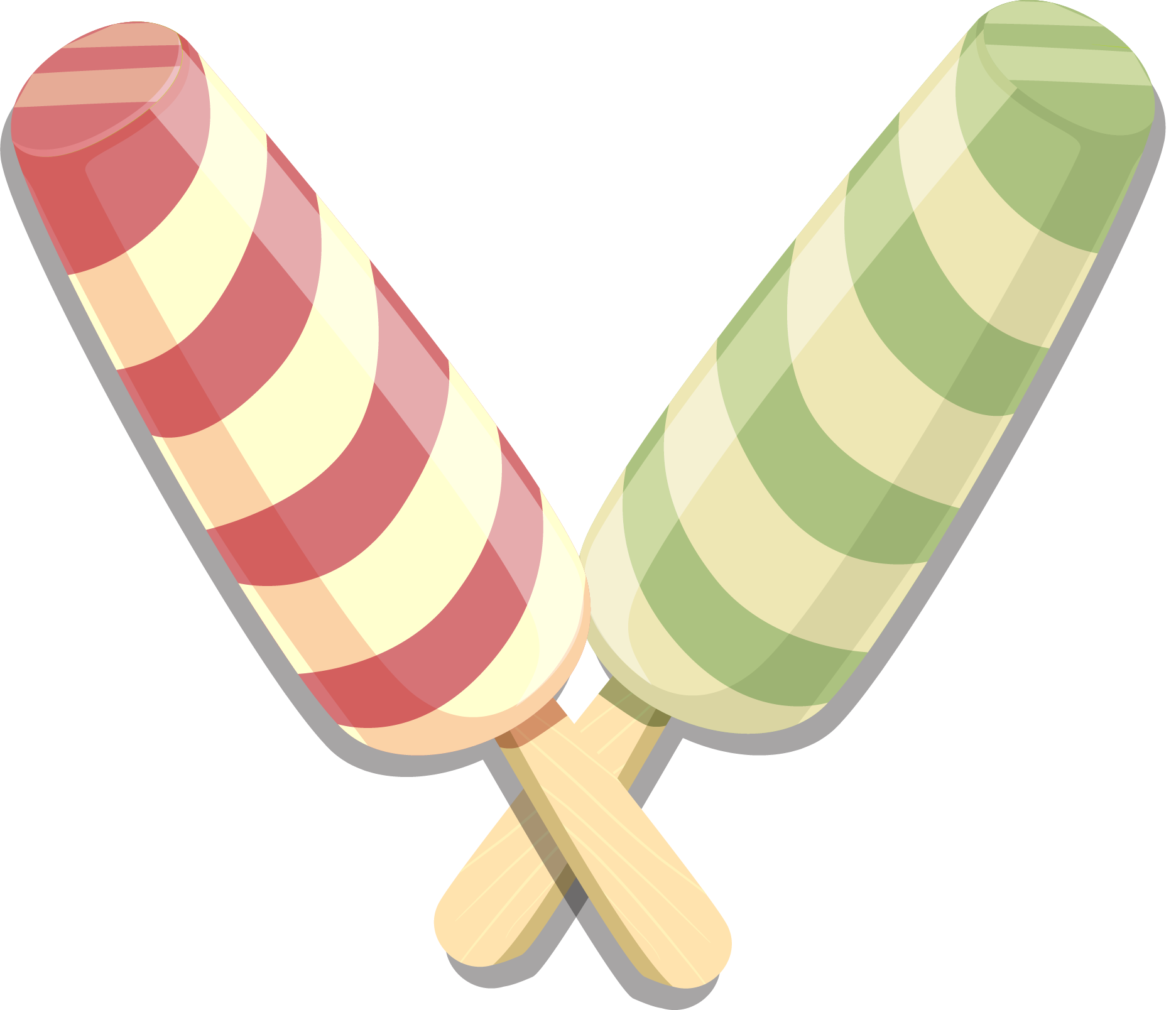 Illustration av två korslagda pinnglassar, en röd- och vitrandig och en grön- och vitrandig.