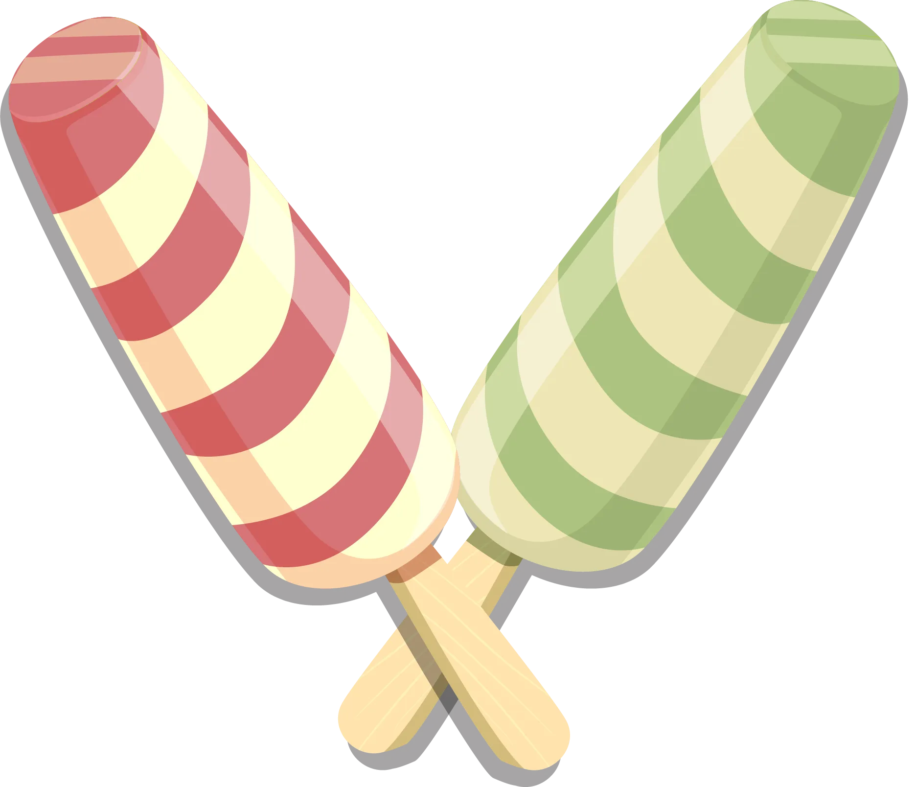 Illustration av två korslagda pinnglassar, en röd- och vitrandig och en grön- och vitrandig.