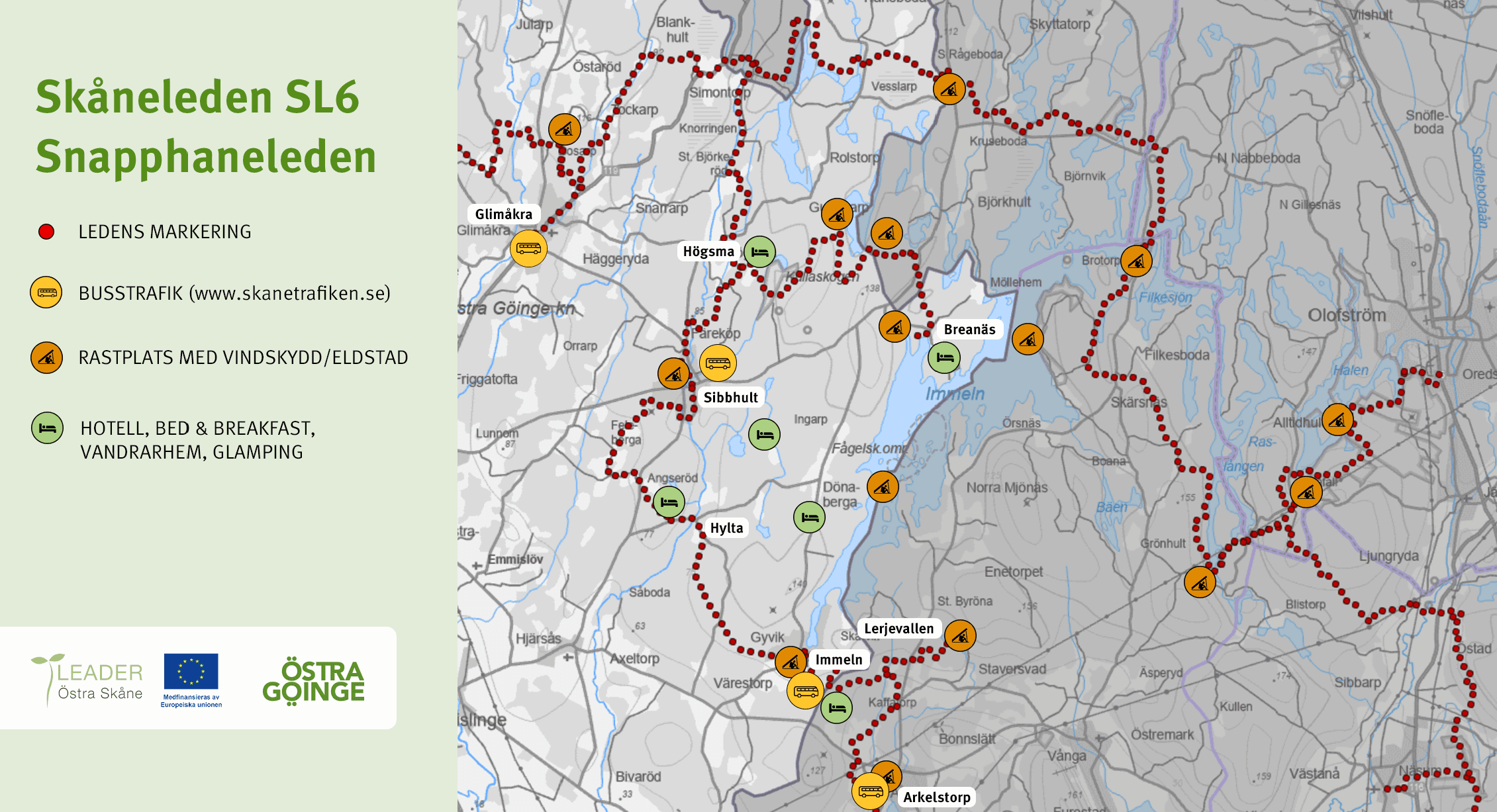 Översiktskarta över vandringsleden SL6 Snapphaneleden med symboler för boende, rastplatser och kollektivtrafik.