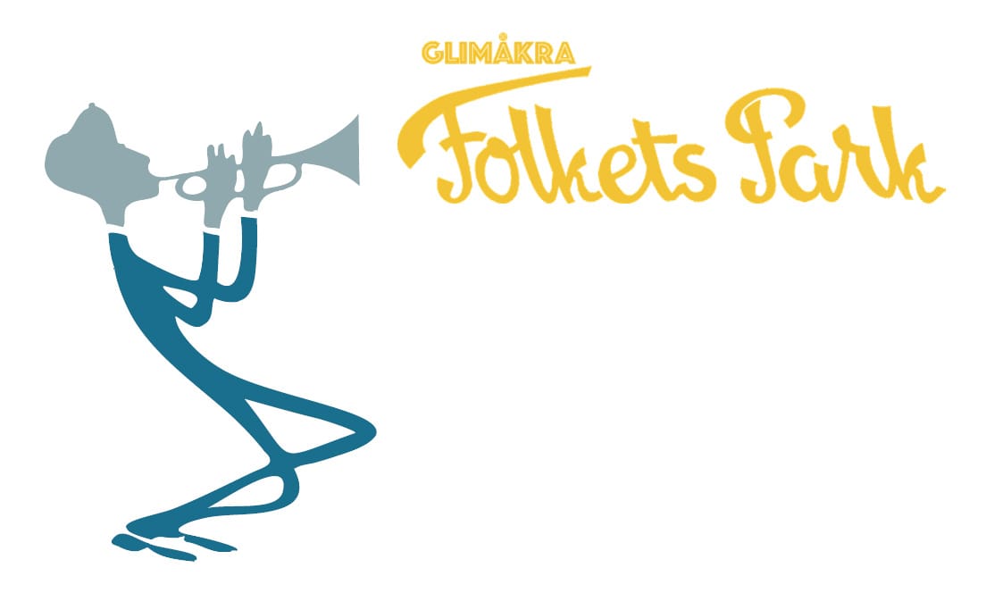 Logotyp för Glimåkra Folkets Park med stiliserad figur som spelar trumpet och text i gult.