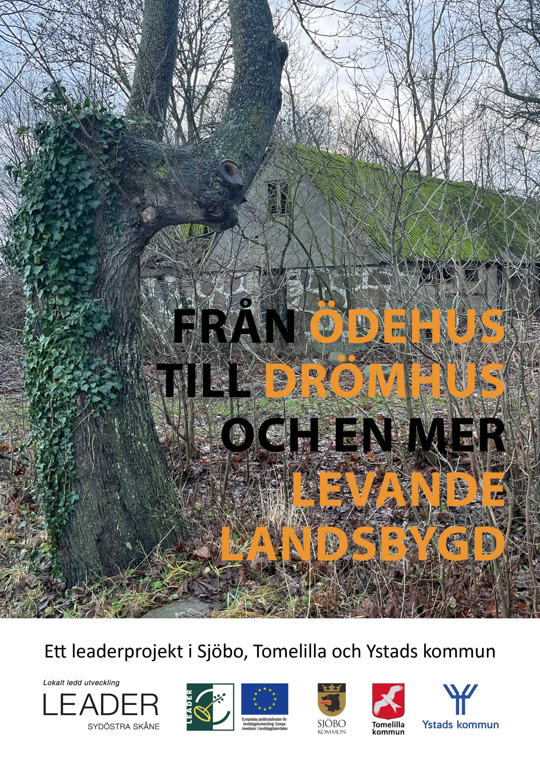 Första sidan på slutrapporten med ett foto på ett förfallet ödehus