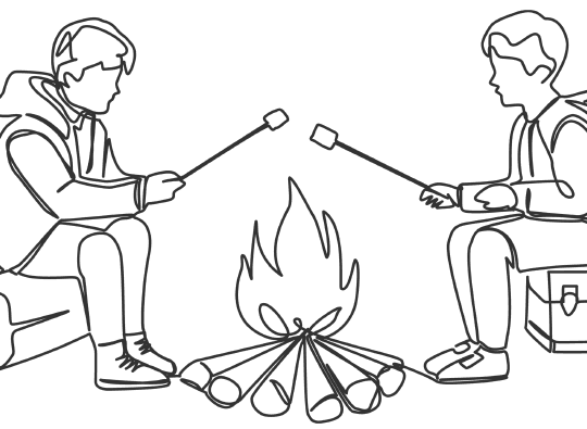 Illustration av två personer som sitter vid en lägereld och grillar marshmallows i en skogsmiljö.