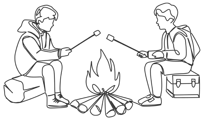 Stackedala grilla Illustration av två personer som sitter vid en lägereld och grillar marshmallows i en skogsmiljö.