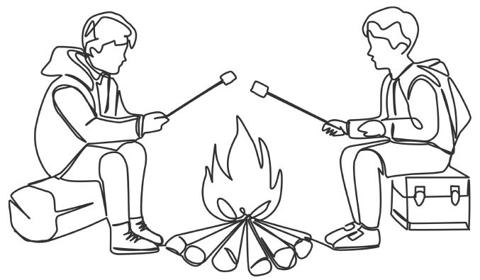 Stackedala grilla Illustration av två personer som sitter vid en lägereld och grillar marshmallows i en skogsmiljö.