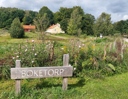 Skylt med texten Boketorp i förgrunden, med gårdsmiljö och byggnader som del av entrén till Hovdala naturreservat.