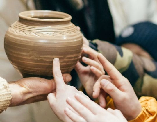 Fler olika händer sträcker sig efter, känner på eller peka mot en kruka.