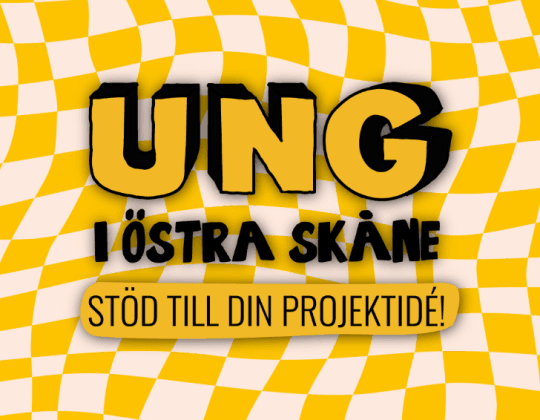 Grafisk bild med texten ”UNG i Östra Skåne – Stöd till din projektidé!” i svarta och gula bokstäver mot en vågig gul- och vitrutigt bakgrund.