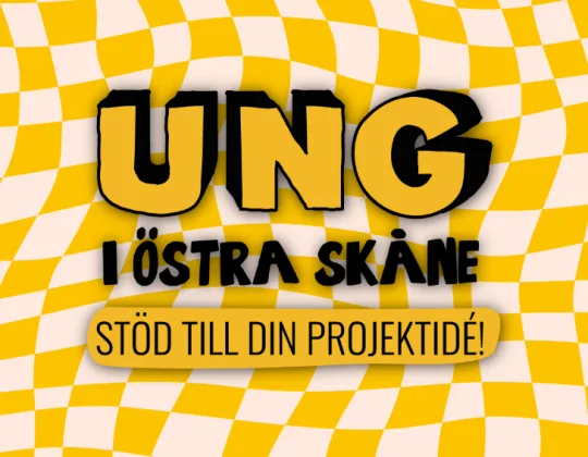 Grafisk bild med texten ”UNG i Östra Skåne – Stöd till din projektidé!” i svarta och gula bokstäver mot en vågig gul- och vitrutigt bakgrund.
