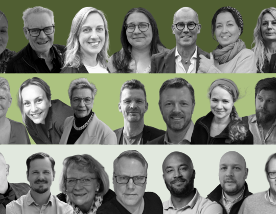 Porträttcollage av styrelseledamöter i Leader Östra Skåne mot grön bakgrund, med flera personer från olika bakgrunder och yrkesroller.