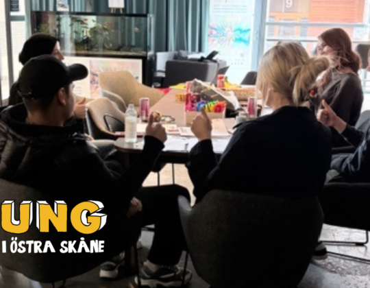 Unga personer i möte runt ett bord under ungdomsstyrelsens första träff i Östra Skåne