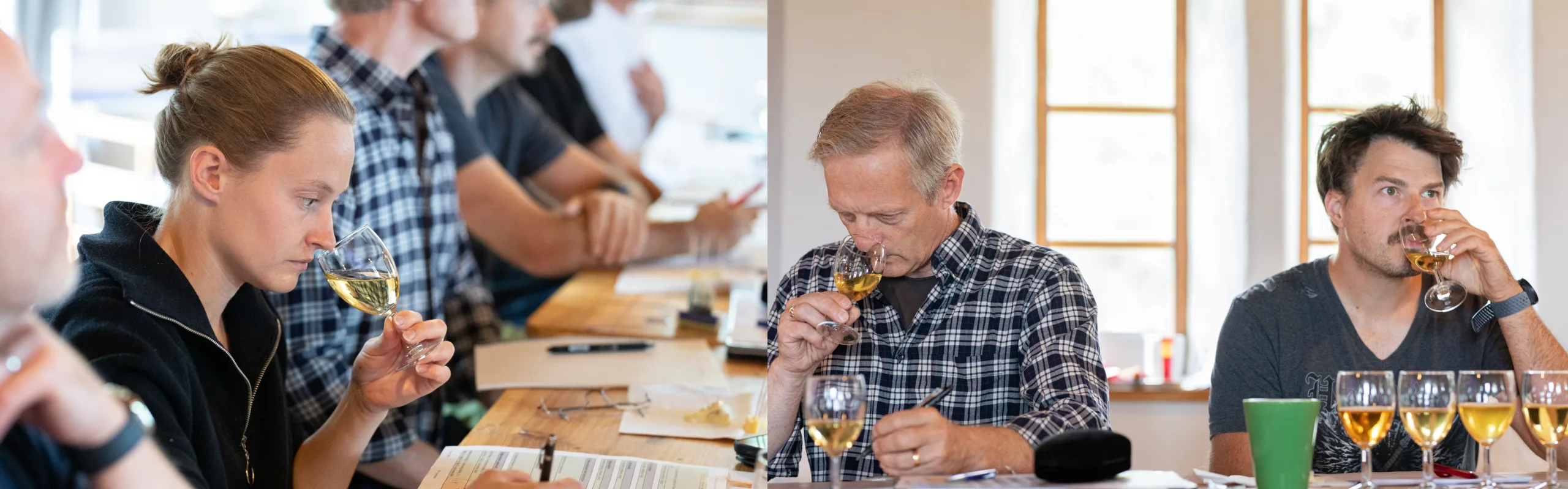 Deltagare vid en ciderprovning som analyserar cider i glas och för anteckningar.