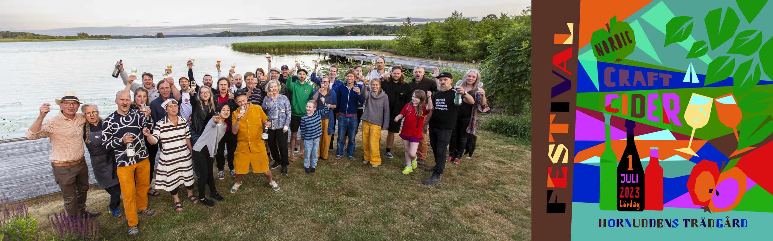 Gruppbild från Nordic Craft Cider Festival vid en sjö, där deltagare skålar med ciderglas. Till höger syns festivalens färgstarka affisch.