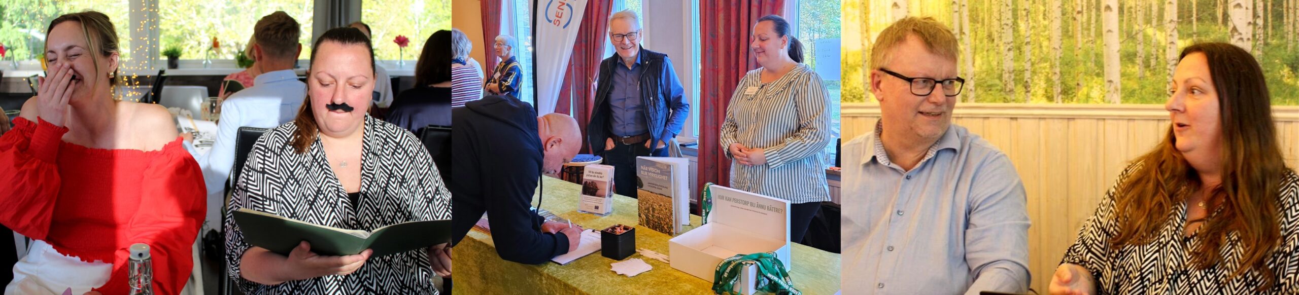 Bildkollage med Joanna Persson i olika sammanhang under sina år med Leader – vid möten, aktiviteter och samtal med andra.